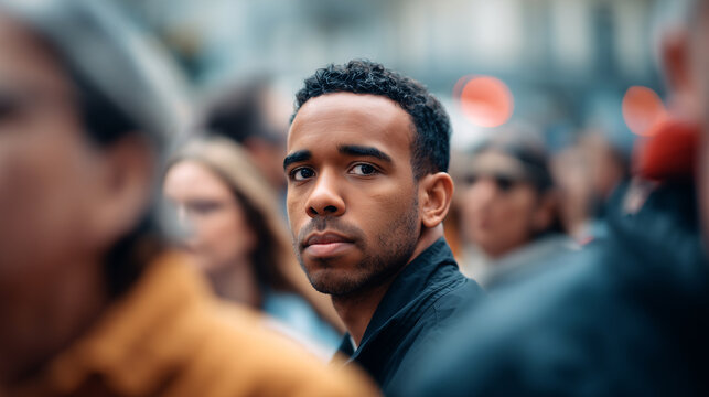 Man standing alone inside busy crowd showing loneliness, anxiety. Young male portrait surrounded by blurred people. Mental health, illustrating isolation, urban solitude, emotional disconnection.