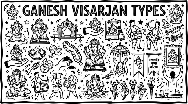 Ganesh Visarjan Types Black and White Line Art Doodle Icon Set. Hand-Drawn Elements for Indian Hindu Festival Immersion Rituals and Celebration.