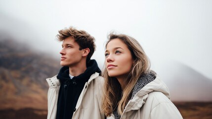 Fototapeta premium Couple hiking misty mountains, winter jackets, fog landscape background. Young adventurers outdoors, moody atmospheric highlands, romantic travel scene, wanderlust lifestyle, dramatic nature panorama.