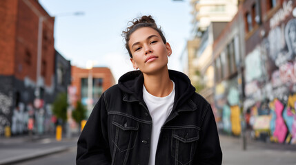 Fototapeta premium Young woman standing confidently city street, wearing black jacket hoodie. Urban lifestyle portrait, authentic self-assured expression. Modern casual fashion, blurred building background.