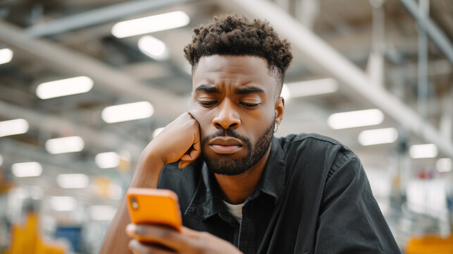 Man reading job search notification phone worried expression industrial workplace. Worker stressed looking mobile screen factory unemployment career change. Layoff anxiety searching opportunity.