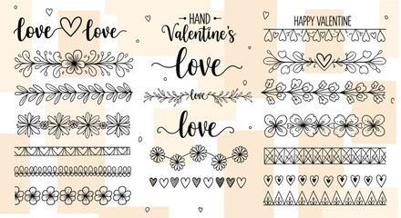 Fototapeta premium Large collection of hand drawn floral and heart themed dividers borders and valentine calligraphy for romantic design projects.