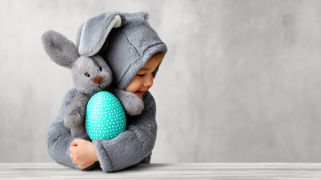 Baby bunny costume holding turquoise polka dot easter egg, gray fluffy outfit, toy rabbit. Spring holiday celebration, adorable toddler, festive tradition, playful childhood moment, neutral studio.