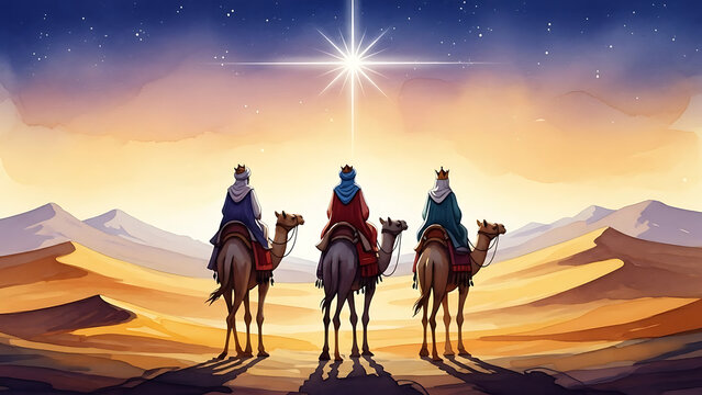 Ancient biblical epiphany illustration featuring three magi riding camels across desert dunes guided by a radiant celestial star toward Bethlehem for the nativity of Jesus Christ.