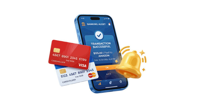 Vector illustration of mobile banking app notification with credit cards and alert bell icon on a transparent background