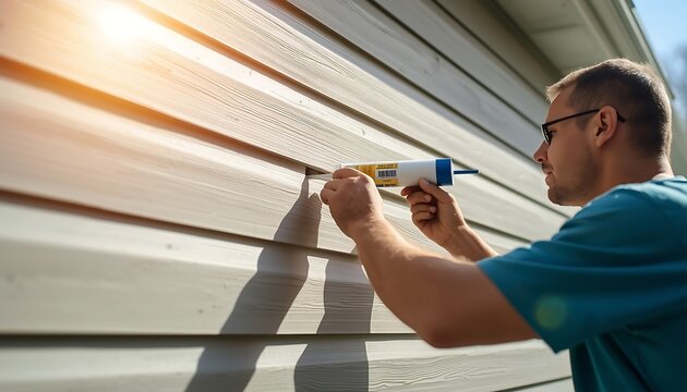 A man applying sealant with a caulking gun to the exterior siding of a house on a sunny day