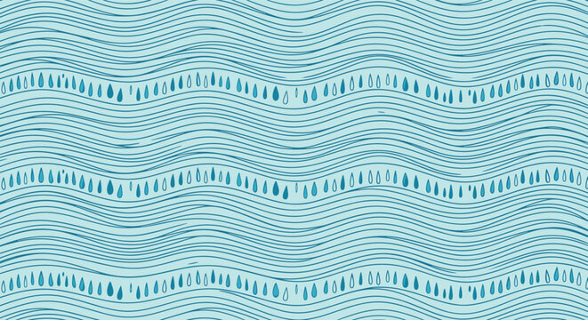 Seamless abstract background pattern of teal blue wavy lines and rows of teardrop shapes for marine or rain themes.