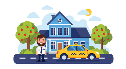Fototapeta premium Taxi driver standing proudly in front of his yellow cab and a charming blue house with a sunny background for urban service concept.