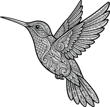 Hummingbird in black and white, featuring intricate zentangle patterns, swirling filigree, floral motifs, and detailed feather textures on a clean white background