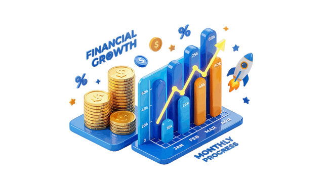 Vector illustration of 3d financial growth chart with coins and rocket on a transparent background