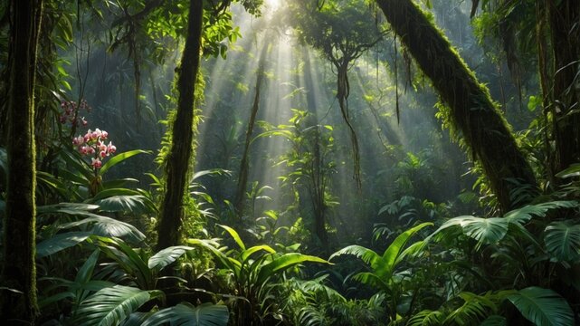 Lush tropical rainforest with sunlight filtering through dense foliage and vibrant flowers in the undergrowth