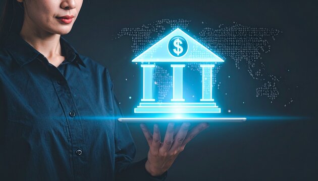 Person holding tablet with holographic bank symbolizing fintech