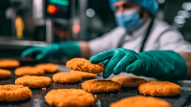 A factory worker with mask and gloves is inspecting the quality of chicken nuggets on a production line in a food processing plant today.