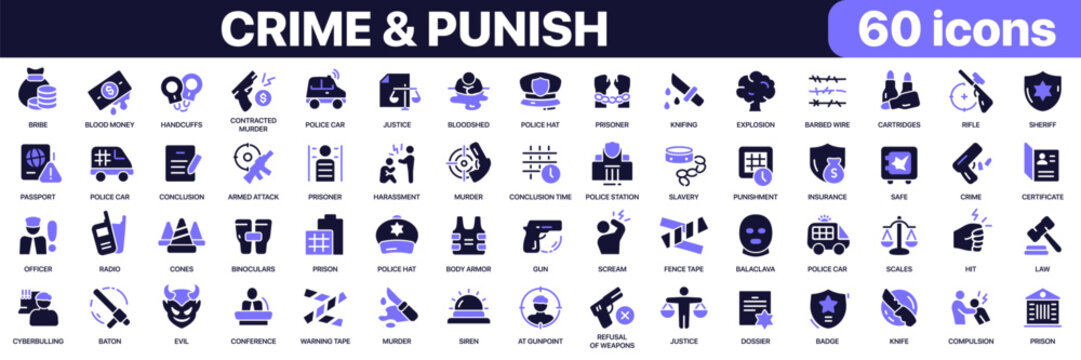 Crime and punish icon collection in purple colored style. Includes police, prison, weapons, investigation, violence, justice and criminal law icons in flat fill style