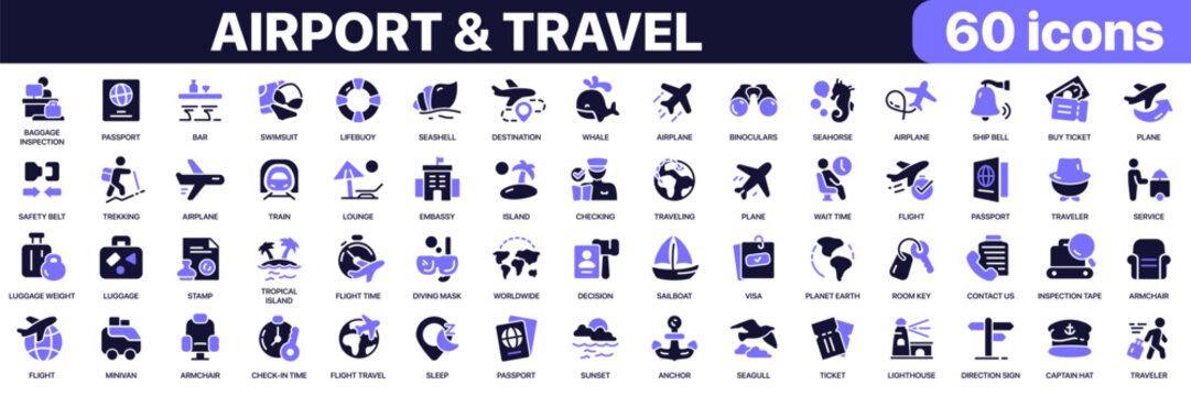 Airport and travel icon collection in purple colored style. Includes airplane, passport, luggage, tourism, destination, hotel and transportation icons in flat fill style
