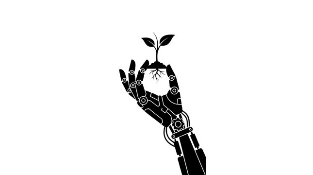 Robotic hand holding a small green plant sprout representing technology and nature balance.