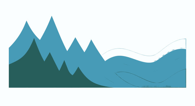 Abstract Minimalist Landscape Illustration with Flat Design Mountains and Serene Water Waves in Blue Green Tones, Ideal for Modern Digital Headers and Backgrounds