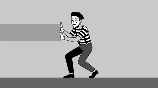 A mime artist performing the classic invisible wall illusion on a plain background.