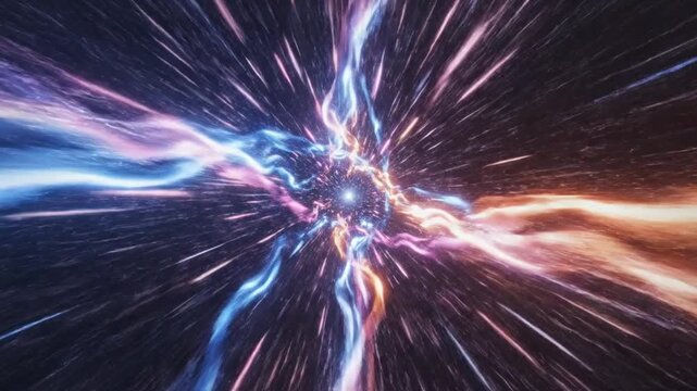 Abstract warp speed motion effect with glowing light streaks.