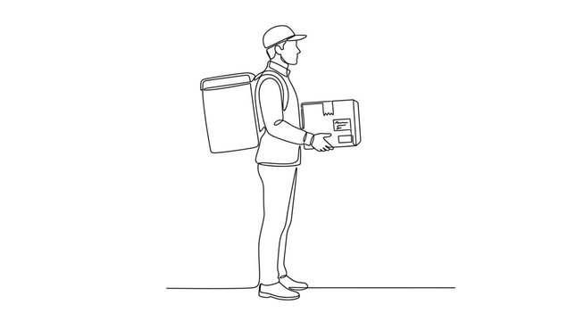A continuous line drawing of a delivery person holding a package.