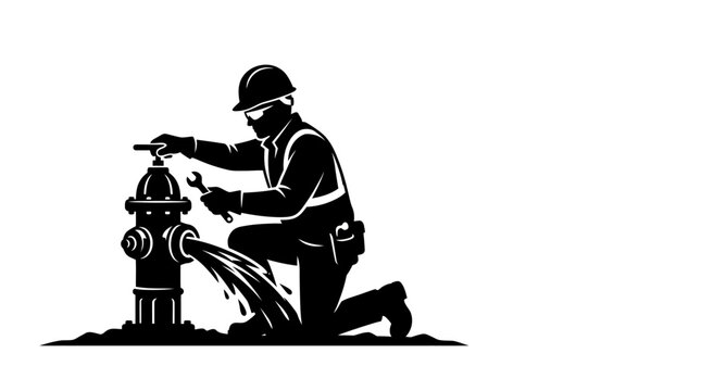 A silhouette illustration of a utility worker repairing a leaking fire hydrant.