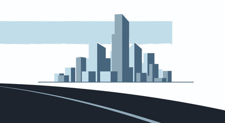 Fototapeta premium Modern vector illustration of a minimalist urban cityscape with tall buildings. Graphic banner style depicts a road leading towards future development and metropolitan growth
