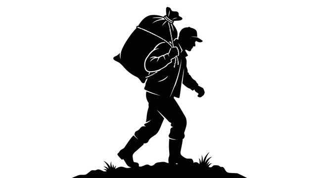 A silhouette of a man carrying a heavy sack over his shoulder while walking.