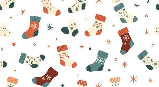 Christmas seamless pattern with various festive socks and snowflakes on a white background for holiday apparel and textile design.