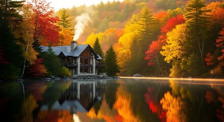 Fototapeta premium Cozy wooden cabin by a peaceful lake surrounded by colorful autumn forest trees with smoke rising chimney