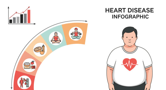 Heart disease infographic explaining risk factors through a curved timeline and an illustration of an overweight man with a heart pulse icon.