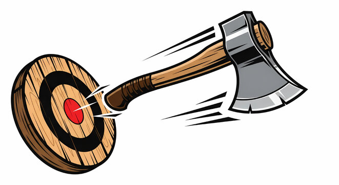 Illustration of an axe hitting a wooden target bullseye