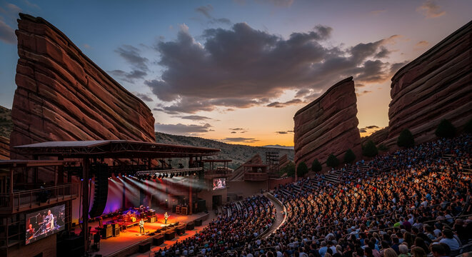 Concert event with large crowd watching live music performance on stage at outdoor amphitheater during sunset