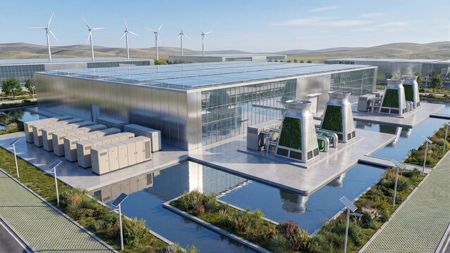 Green data center concept powering cloud computing through solar panels wind turbines battery storage and water cooling for sustainable renewable energy infrastructure and digital future
