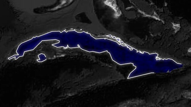 Animated Cuba Country Outline with Glowing Caribbean Map Presentation, Geographic Identification, Political Borders, and Dramatic Earth Style Motion Graphics