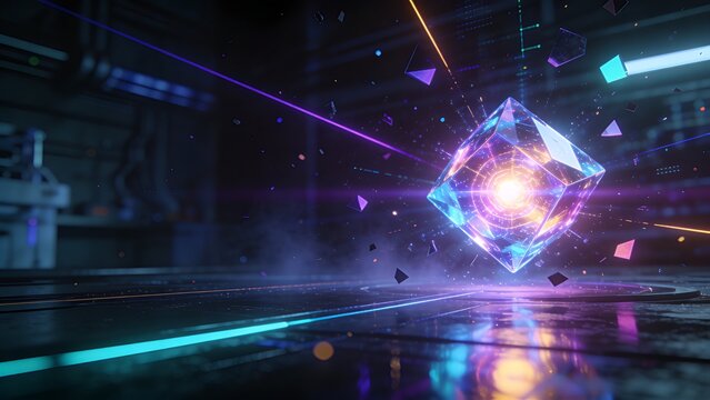 A glowing hexagonal futuristic shield barrier positioned on the right side emits vibrant purple and blue lights in a dark industrial environment.