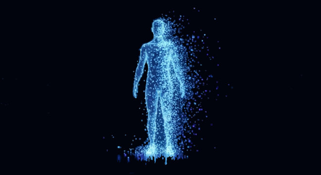 Futuristic human figure made of glowing blue particles, symbolizing digital identity, consciousness, and the abstract flow of data in a technological realm
