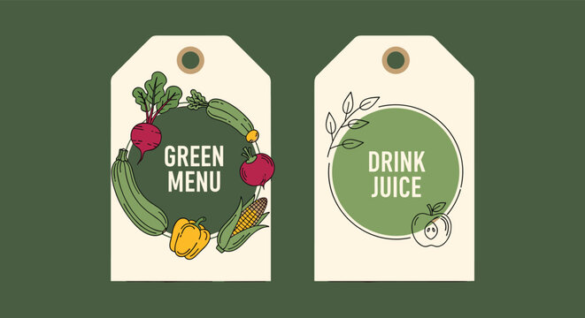 Set of two tags for green menu and drink juice featuring hand drawn illustrations of fresh fruits and vegetables in a rustic natural style.
