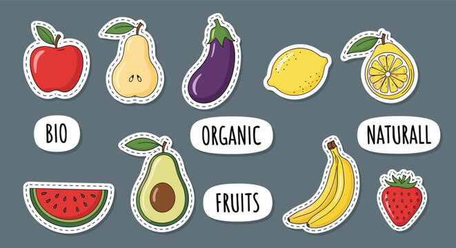 Vibrant collection of fruit and vegetable sticker designs including apple, pear, eggplant, lemon, and avocado for healthy food labeling.