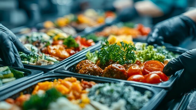 Hands in black gloves prepa healthy takeaway food in plastic trays with fresh ingredients and vibrant colors in a cate setting.