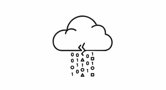 Minimalist outline icon showing a stylized cloud with binary digits and geometric shapes descending, illustrating data processing and digital transformation