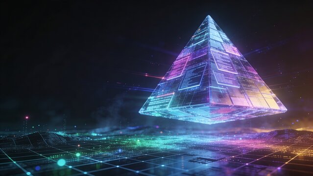 A futuristic data flow stream showcases a massive pyramid positioned on the right side with vibrant colors and neon lights.