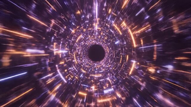 Abstract Futuristic Tunnel with Neon Lights and Cosmic Energy Flow.
