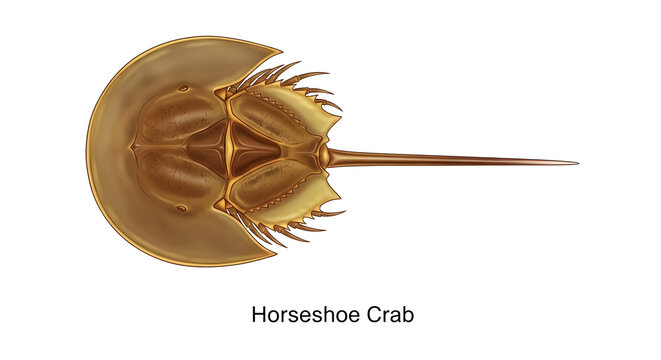 A Detailed Dorsal View Illustration of a Limulus Polyphemus Showing the Distinctive Shell Structure and Long Telson Tail for Marine Education