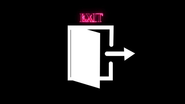 Neon exit sign animation with glowing pink typography and white door symbol for emergency and wayfinding