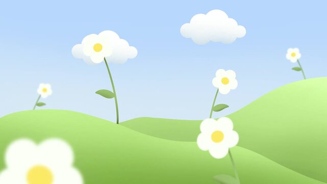 Dreamy scene of white flowers on green hills under blue sky with clouds