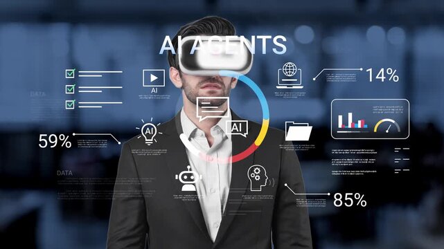 Professional man wearing virtual reality headset, immersed in data analysis and artificial intelligence graphics in modern office environment Gluon.