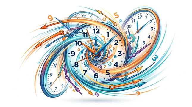 Abstract swirling clocks and arrows representing the passage of time.