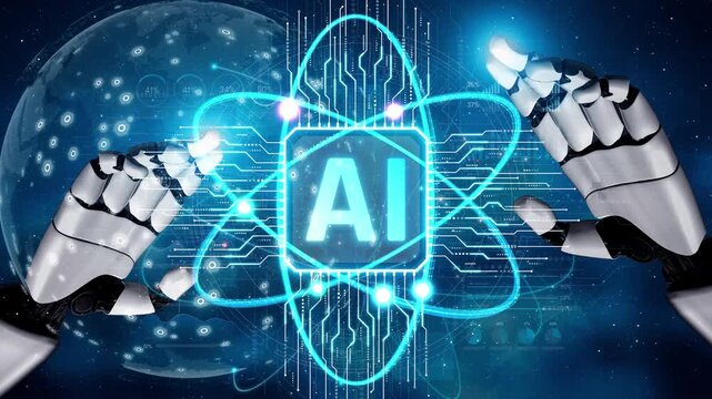 Futuristic Robot Hands Reaching for Artificial Intelligence Concept with Digital Elements and Space Background Sigmoid