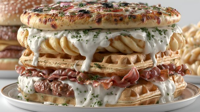 A colossal culinary creation stacks waffles, meat, bacon, potatoes, and a pizza bun with creamy sauce in an outlandish food combination.