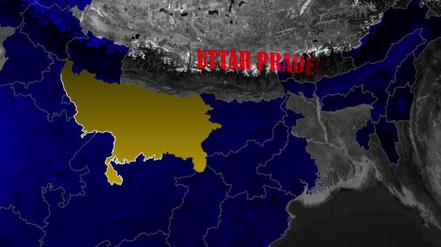 Uttar Pradesh Territory Reveal Animation with Glowing India Map Borders, Geographic State Identification, Regional Focus, and Dramatic Dark Background Motion
